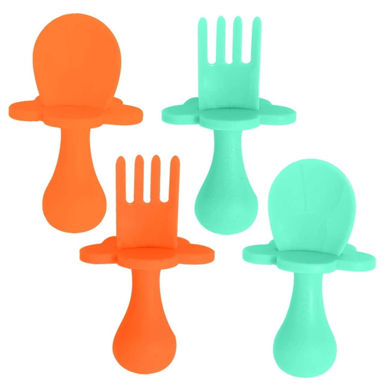 Grabease Baby Feeding Utensils Set - Infant and Baby Fork and Spoon for Ages 1-11 Months, BPAs and Phthalate-Free Cutlery, 2 Sets, Mint and Orange